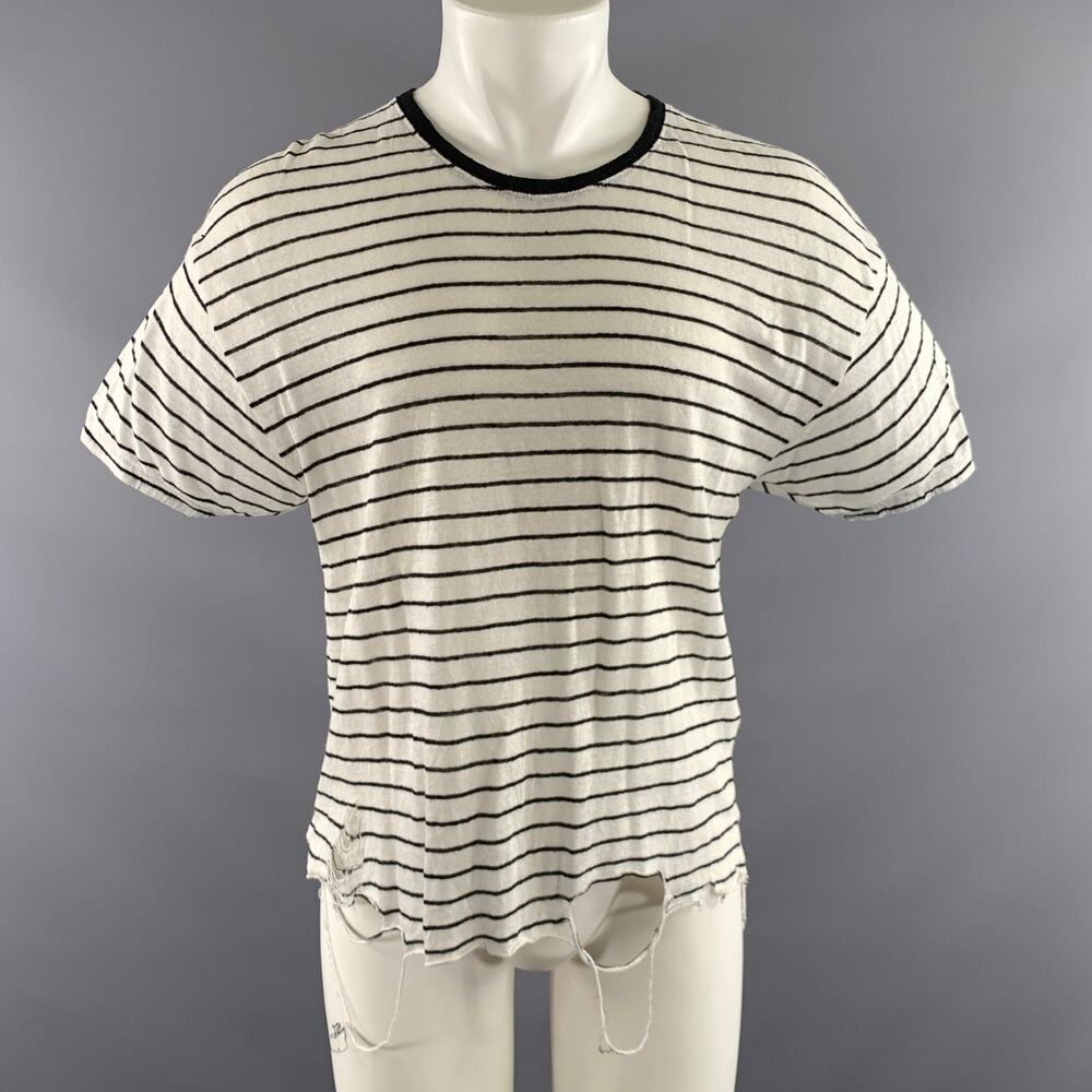 IRO Size S White Black Stripe Linen Scoop Neck T shirt